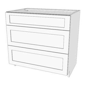 Base cabinet with 3 drawers: 1 short (7"h) top drawer and 2 large (12"h): 30 1/4" to 36" wide, 34 3/4" high, 23 5/8" deep. Bottom 2 drawers have heavy duty glides.