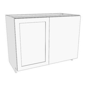 Base corner blind right cabinet. 36" to 45" wide 23 5/8" deep, 34 3/4" high. Door on left with 24" blind panel on left. Designed to install 3" away from wall corner. Modifying cabinet width modifies door width. Panel size will stay the same. 1 adjustable shelf.