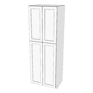 Tall cabinet with four doors: 21 1/2" to 36" wide, 84" high, 23 5/8" deep. Designed to install beside wall cabinets: Top door height matches door height of wall cabinets. Fixed shelf where doors meet. 6 adjustable shelves.