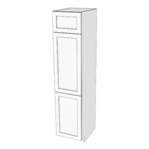 Tall cabinet with three doors: 6" to 24" wide, 84" high, 23 5/8" deep. Designed to install beside fridge: Top door height matches door height above fridge. Fixed shelves where doors meet. 5 adjustable shelves.