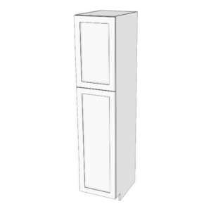 Tall cabinet with two doors: 6" to 24" wide, 84" high, 23 5/8" deep. Designed to install beside wall cabinets: Top door height matches door height of wall cabinets. Fixed shelf where doors meet. 6 adjustable shelves.